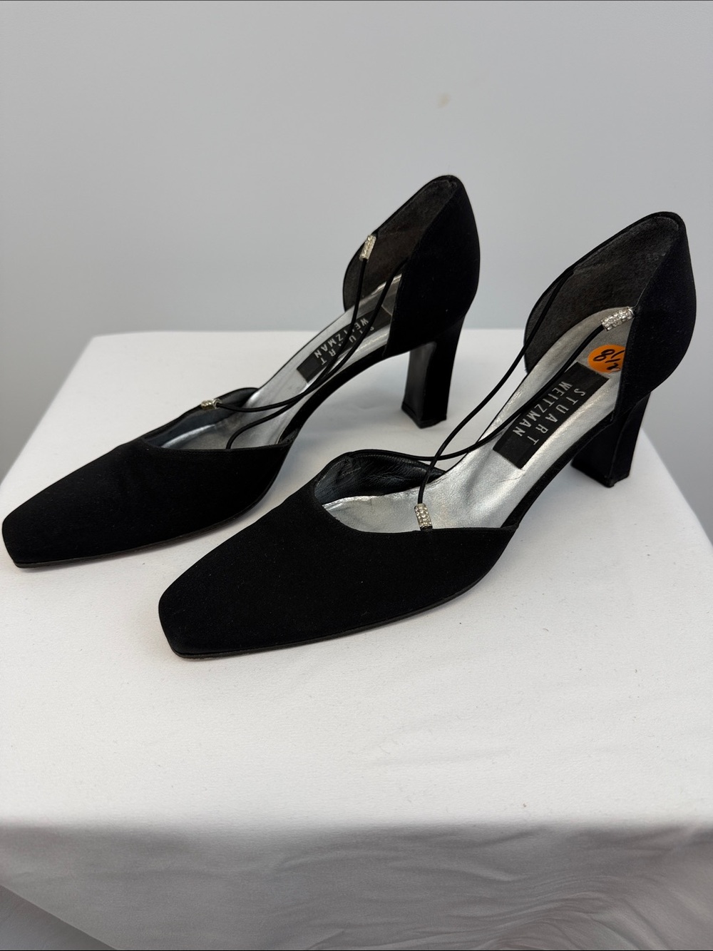 Stuart Weitzman Black D'Orsay Crystal Strap Pumps Nylon Heels 8.5